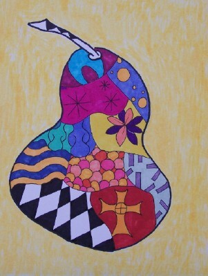 A pear filled with abstract patchwork